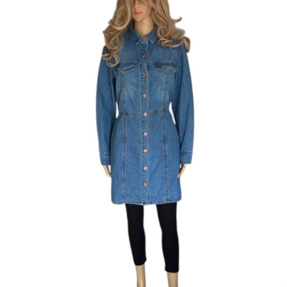 FRYE NWOT Women’s Denim Button Front Dress, Chest & Side Pockets 😍 - Picture 2 of 9